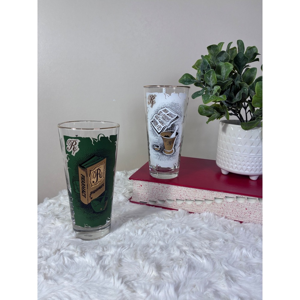 Vintage Mid Century Pharmacy Apothecary Highball Glasses Gold Rim Set of 2 Rx